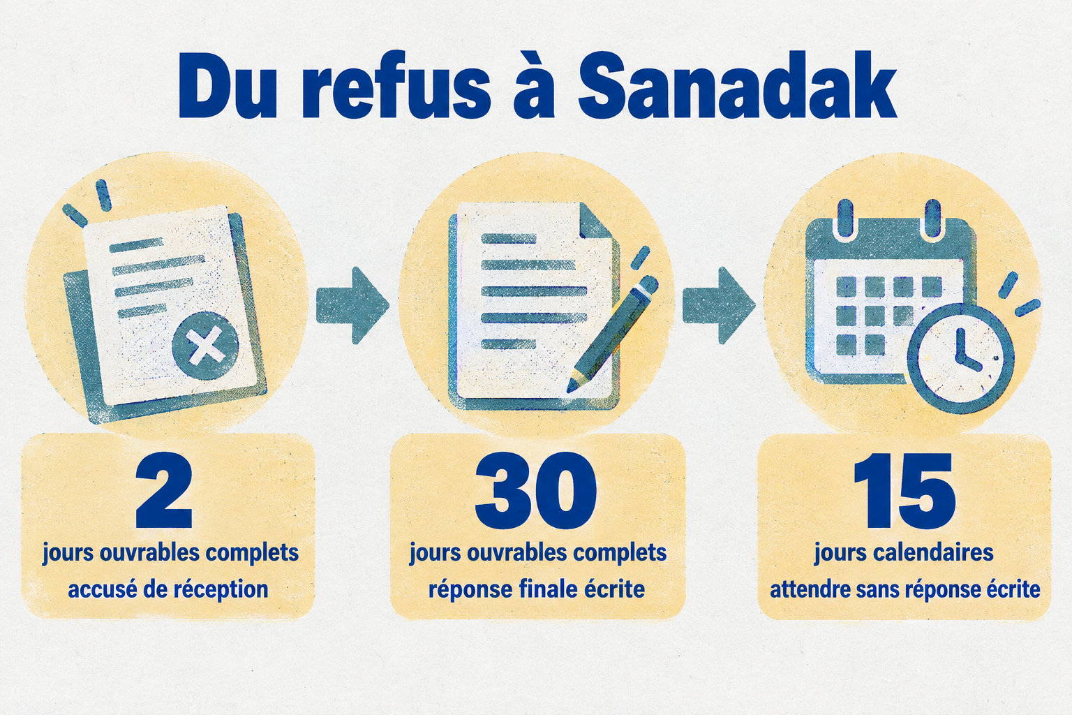 Après un refus, conservez l’avis écrit et déposez une plainte officielle auprès de la banque : accusé de réception sous deux jours ouvrables complets, réponse finale sous trente jours ouvrables complets. Sanadak peut être saisi après quinze jours calendaires sans réponse écrite, ou si la réponse ne vous satisfait pas.