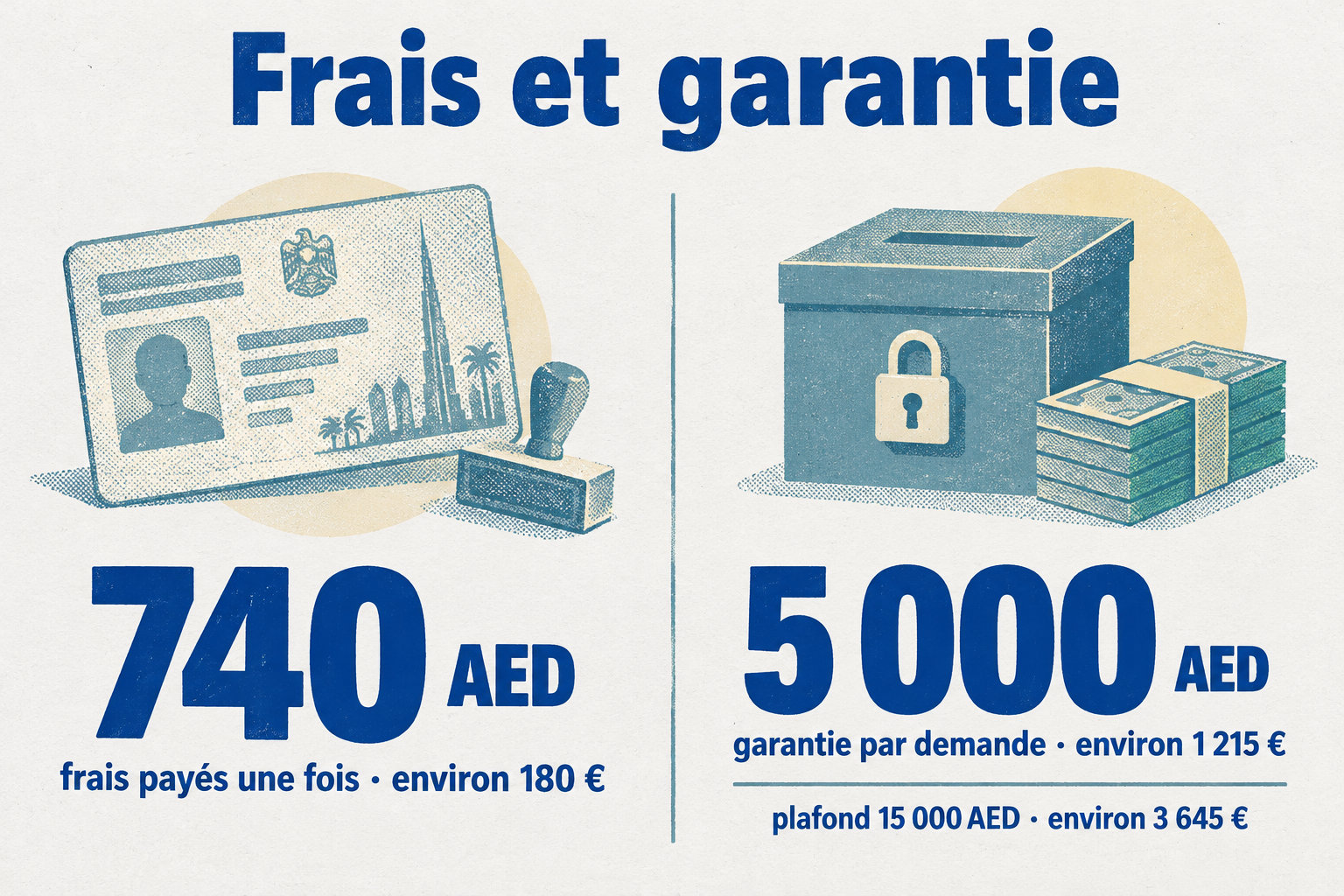 Les frais payés une fois sont de 740 AED, environ 180 €, tandis que la garantie est de 5 000 AED par demande, environ 1 215 €, avec un plafond de 15 000 AED, environ 3 645 €.