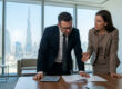 Deux professionnels en costume analysent des documents financiers dans un bureau avec vue sur la skyline de Dubaï.