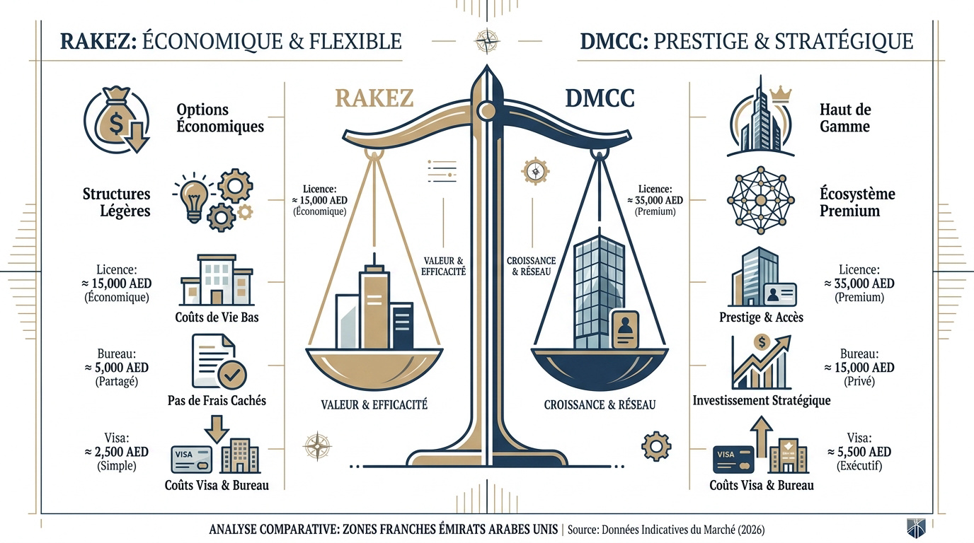 Comparaison des structures de coûts entre RAKEZ et DMCC à Dubaï et Ras Al Khaimah