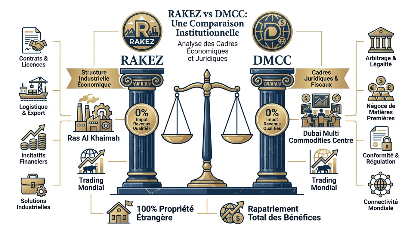 Comparaison institutionnelle entre les zones franches RAKEZ et DMCC aux Émirats Arabes Unis