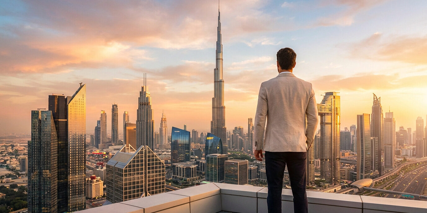 Expatriation à Dubaï : opportunités et fiscalité Un homme d'affaires regarde la skyline de Dubaï au coucher du soleil.