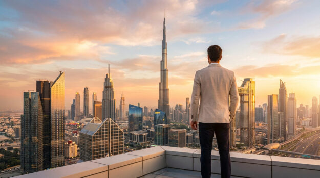 Un homme d'affaires regarde la skyline de Dubaï au coucher du soleil.