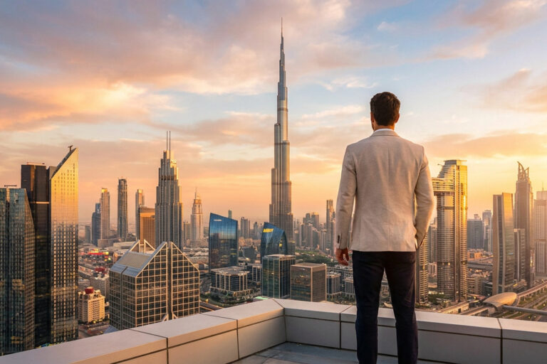 Un homme d'affaires regarde la skyline de Dubaï au coucher du soleil.