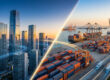Montage visuel comparant des gratte-ciel modernes (DMCC) et un port industriel avec des conteneurs (JAFZA).