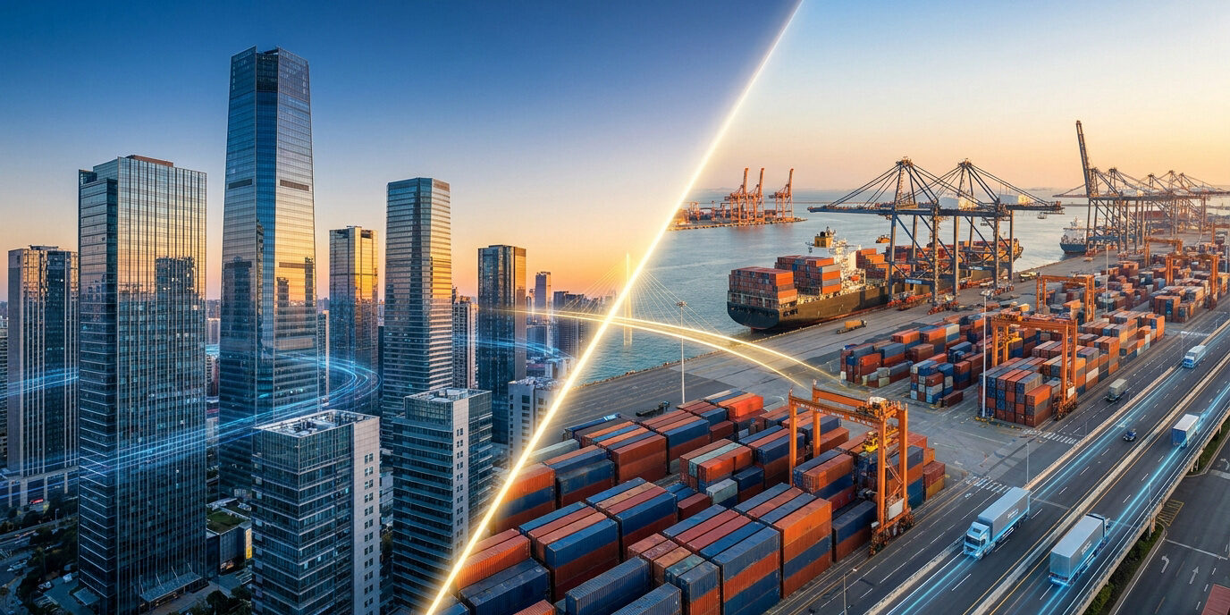 Montage visuel comparant des gratte-ciel modernes (DMCC) et un port industriel avec des conteneurs (JAFZA).