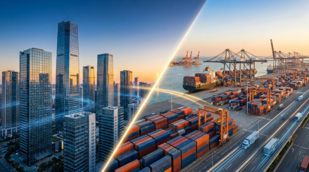 Montage visuel comparant des gratte-ciel modernes (DMCC) et un port industriel avec des conteneurs (JAFZA).