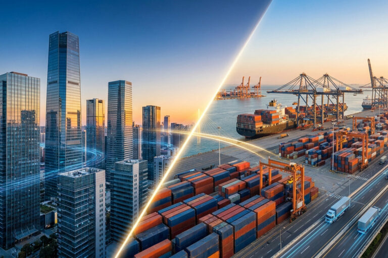 Montage visuel comparant des gratte-ciel modernes (DMCC) et un port industriel avec des conteneurs (JAFZA).