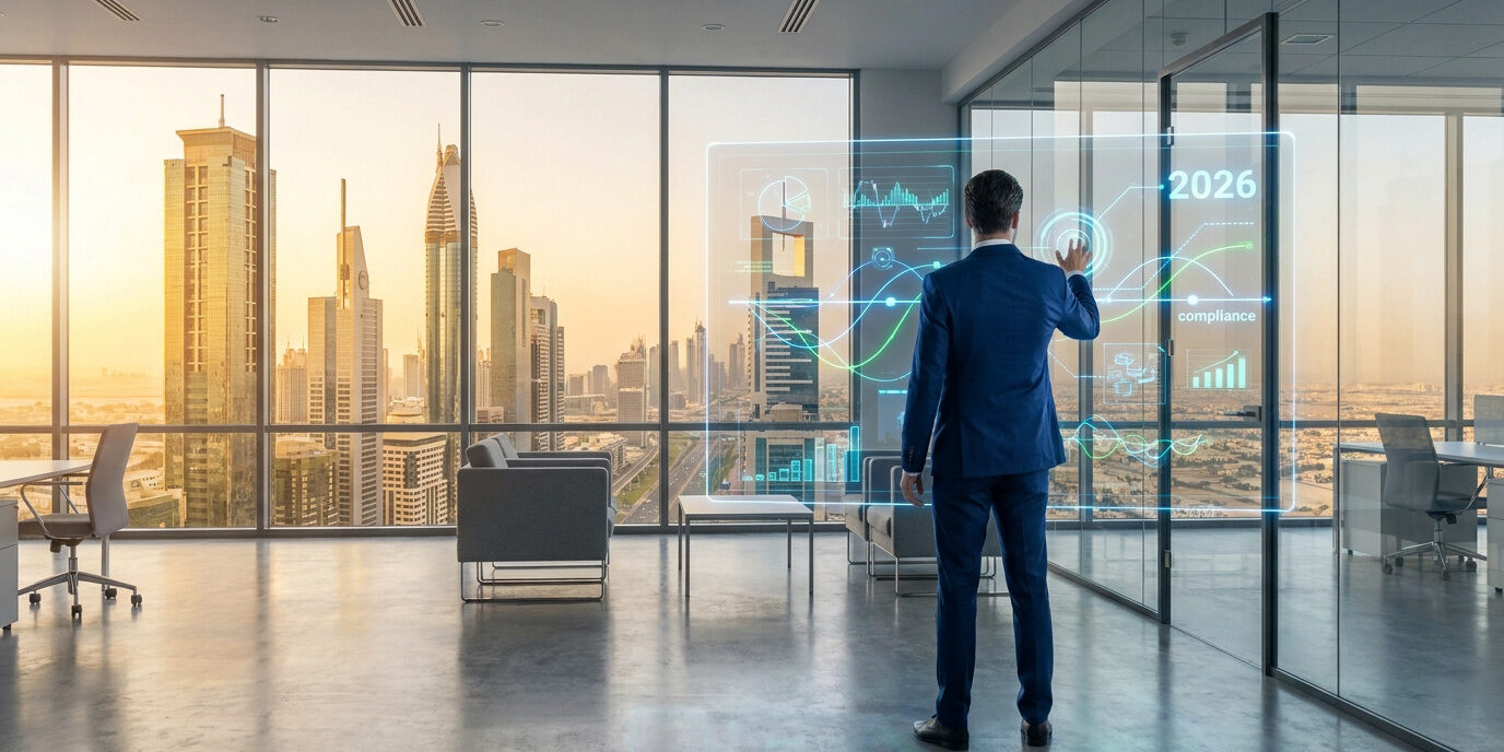 Conformité GoAML 2026 aux Émirats : Guide Stratégique Un homme d'affaires en costume interagit avec une interface numérique holographique affichant des données de conformité.