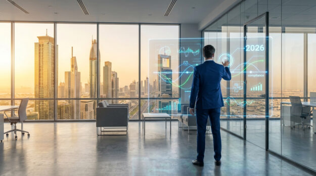 Un homme d'affaires en costume interagit avec une interface numérique holographique affichant des données de conformité.