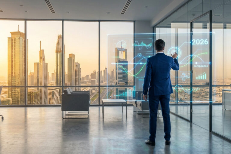 Un homme d'affaires en costume interagit avec une interface numérique holographique affichant des données de conformité.